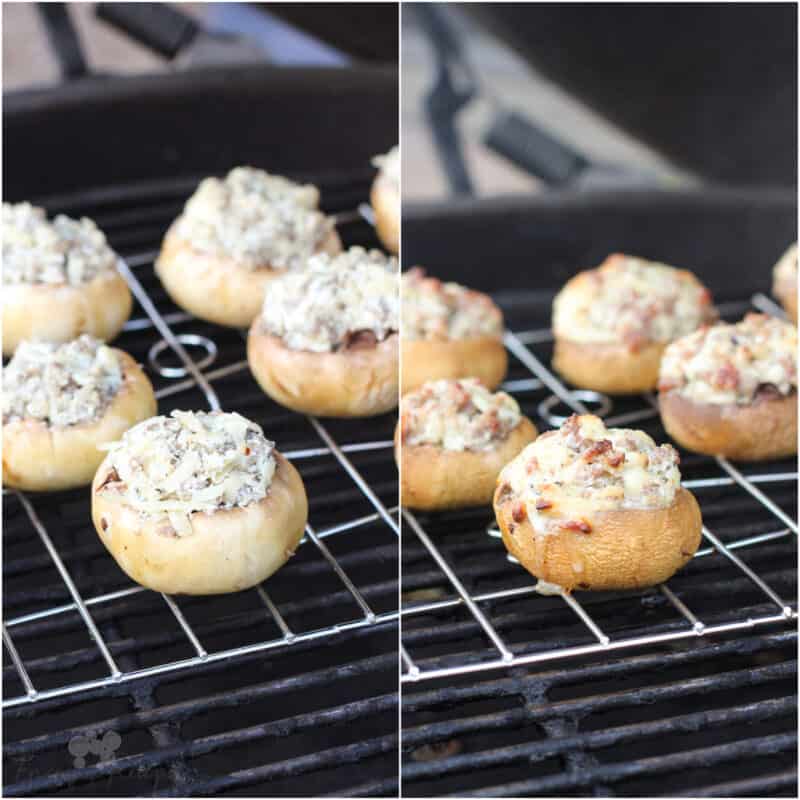 collage of 2 photos: left, uncooked mushrooms on big green egg; right, cooked mushrooms on grill