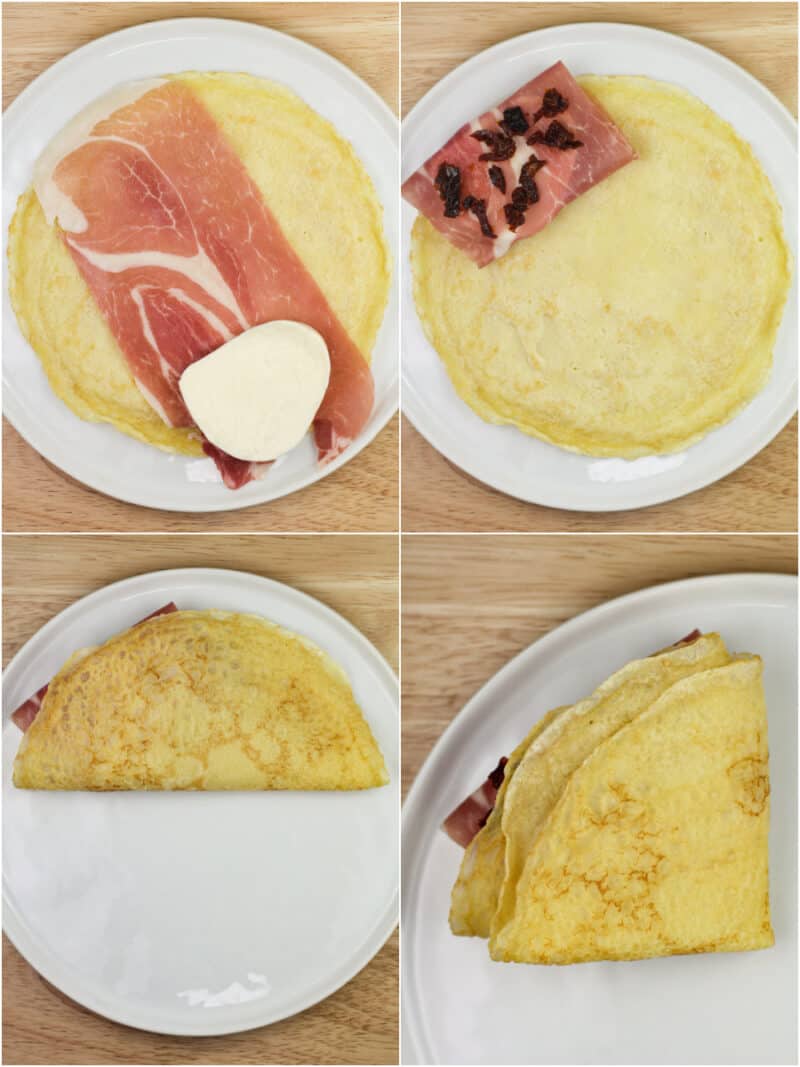 collage of 4 photos showing progression of folding crepe over prosciutto wrapped mozzarella