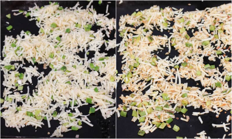 collage of 2 photos: left, cooking hash browns on griddle; right, browned potatoes on griddle