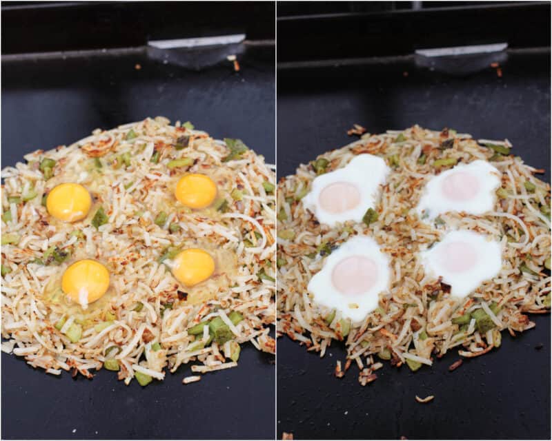 collage of 2 photos; left, raw eggs on browned potatoes; right, cooked eggs on potatoes