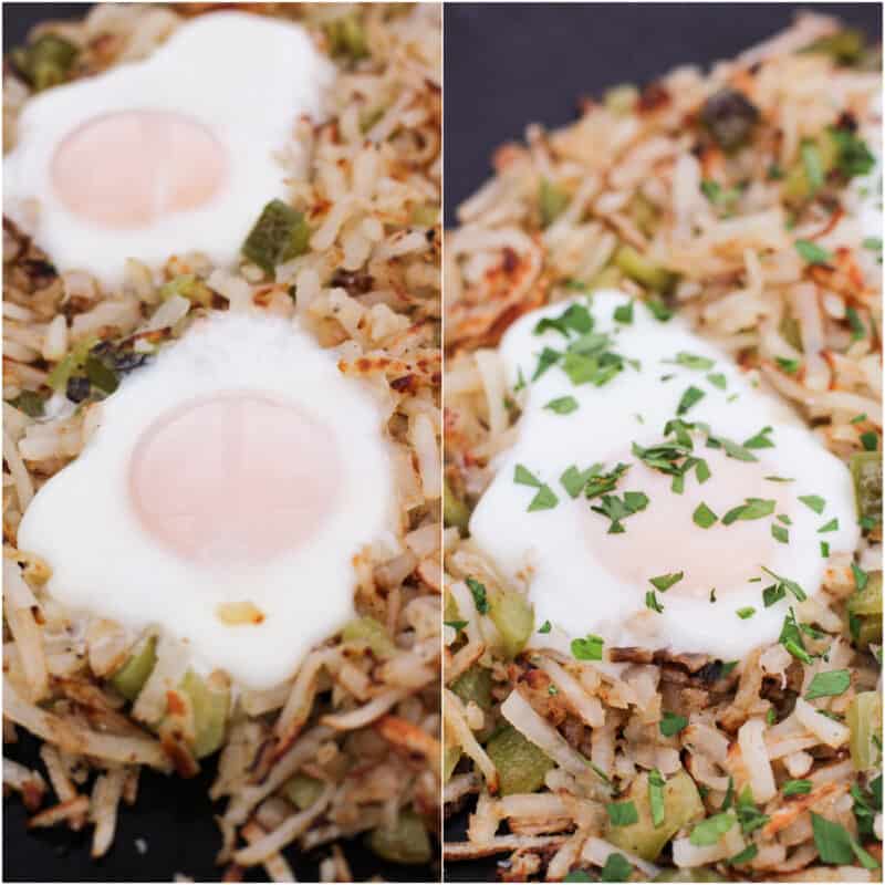 collage of 2 photos; left, 2 cooked eggs on hash browns; right, cooked eggs garnished with parsley on hash browns