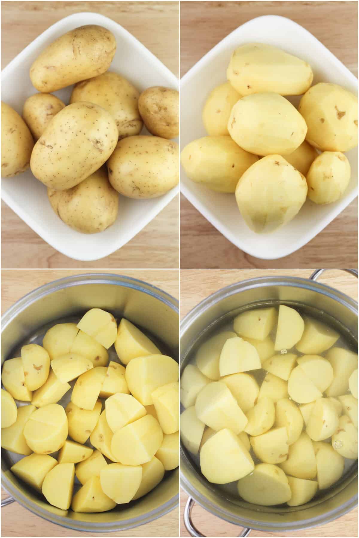 collage of 4 photos: Yukon potatoes; peeled potatoes; quartered potatoes in pot; potatoes in pot covered with water