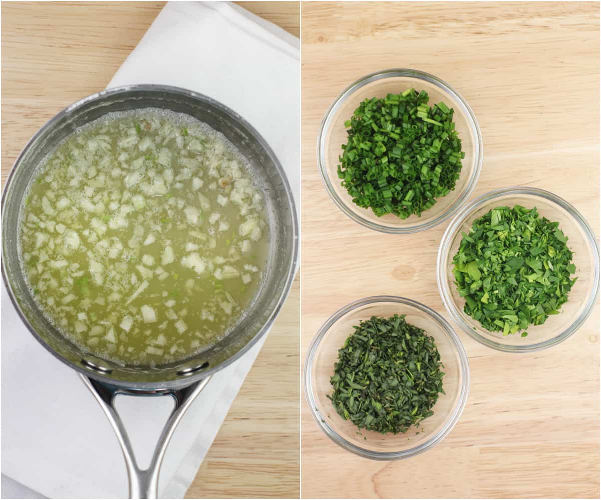 collage of 2 photos: left, garlic and melted butter in saucepan; right, glass bowls with herbs parsley, tarragon, and chives