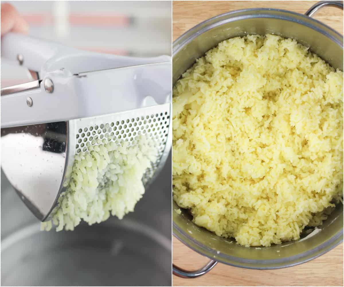 collage of 2 photos; left, potato passing through potato ricer; right riced potatoes in pot