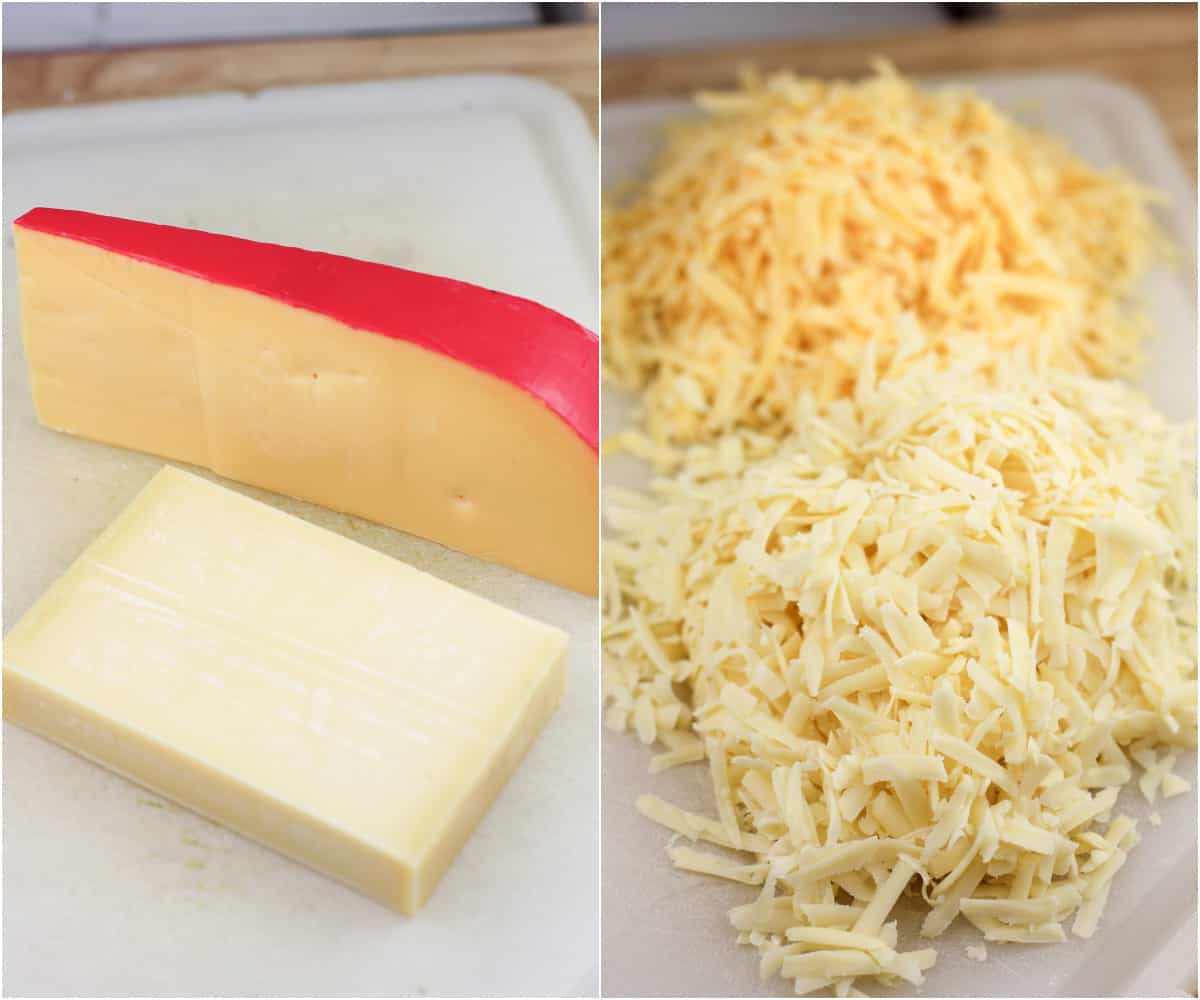 collage of 2 photos: left, blocks of Gouda and Guyere cheeses; right, both cheeses shredded