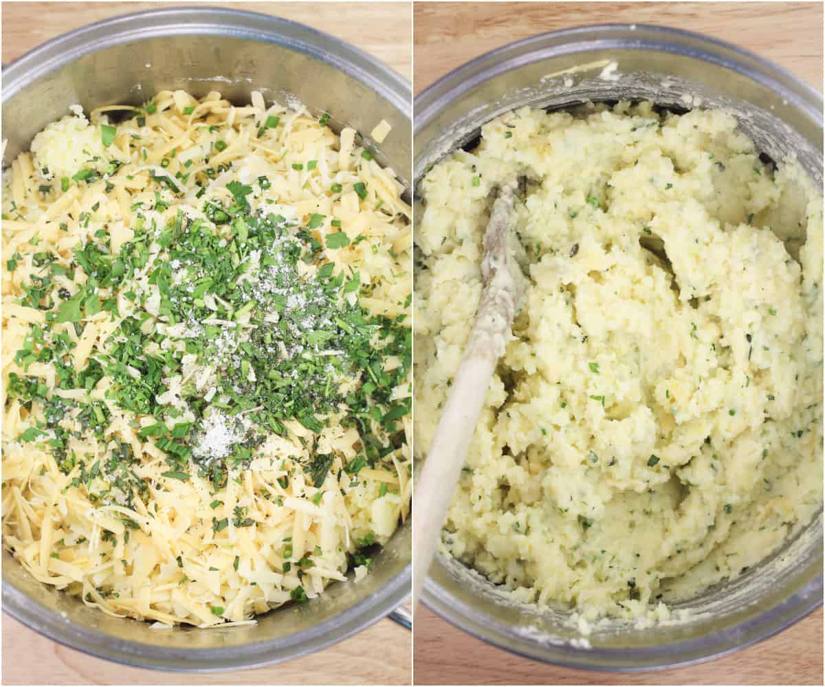 collage of 2 photos: left, ingredients added to potatoes; right, ingredients stirred together with wood spoon