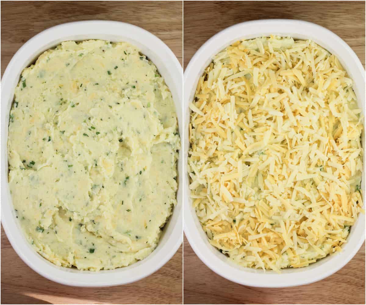 collage of 2 photos: left, mashed potatoes in bake dish; right, mashed potatoes with cheese