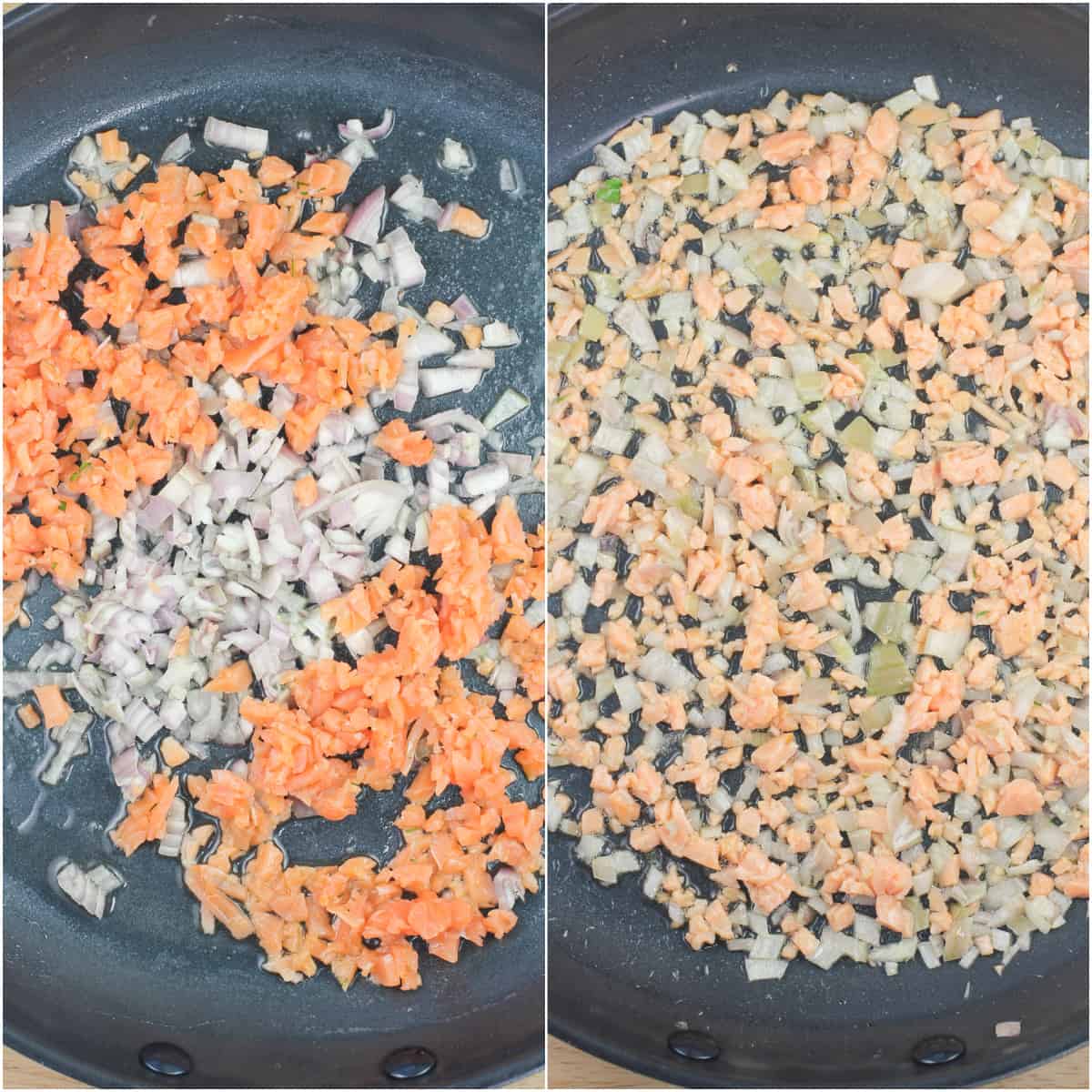 collage of 2 photos: left, salmon and shallot in skillet; right, salmon and shallot after cooking