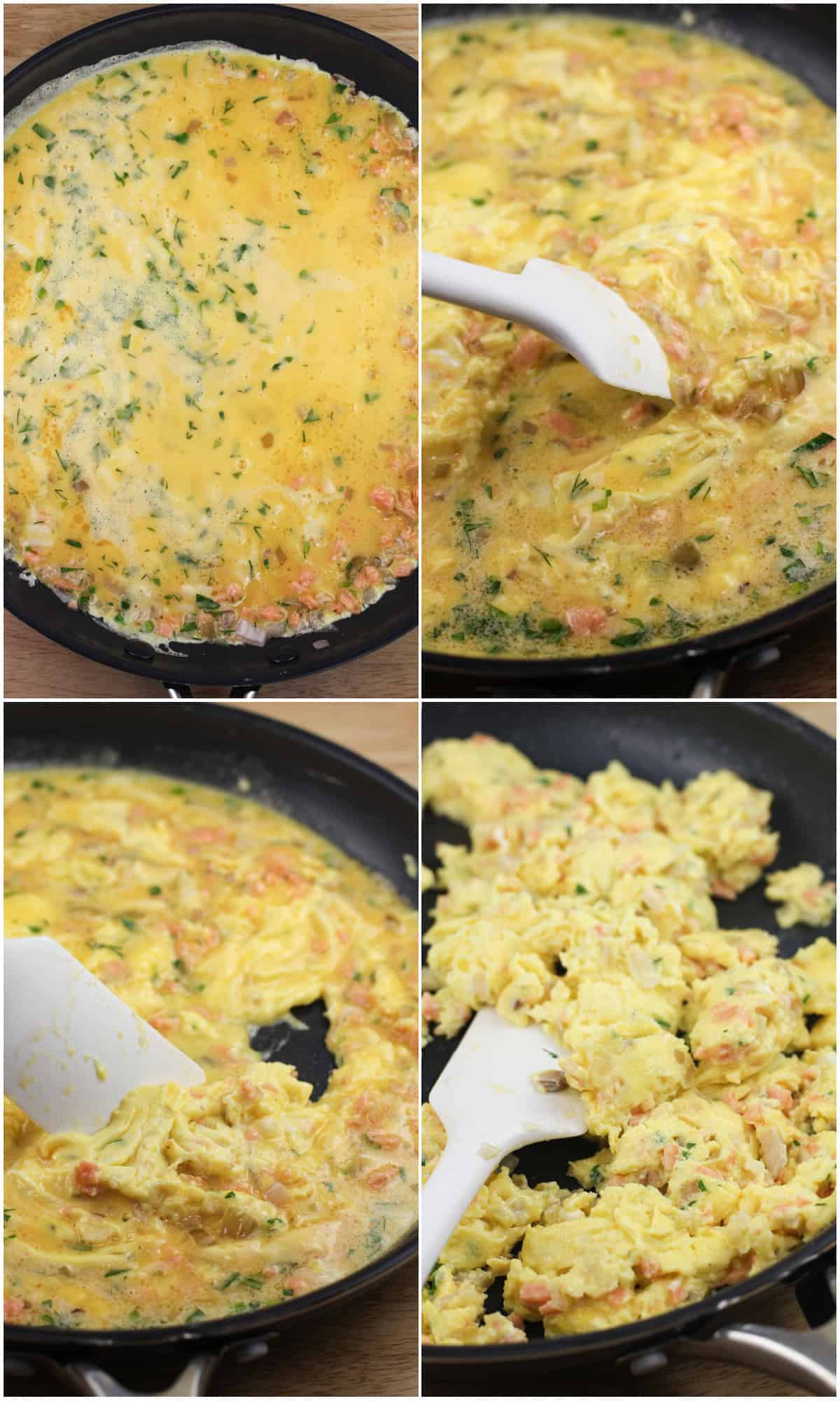 collage of 4 photos showing progression of making the smoked salmon scrambled eggs