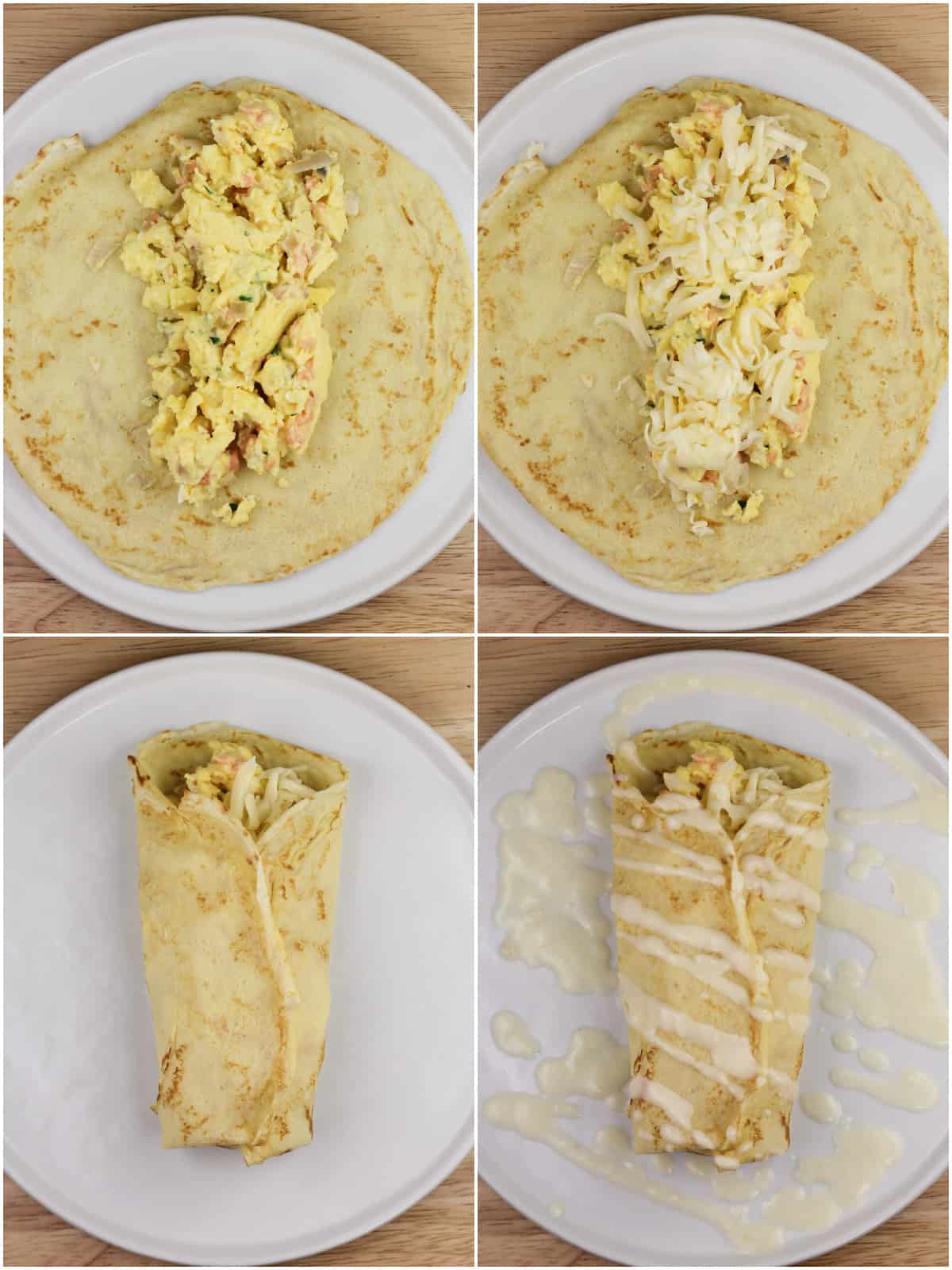 collage of 4 photos showing the progression of assembling crepe: egg on crepe; cheese on top of egg; folded crepe; white wine sauce drizzled over