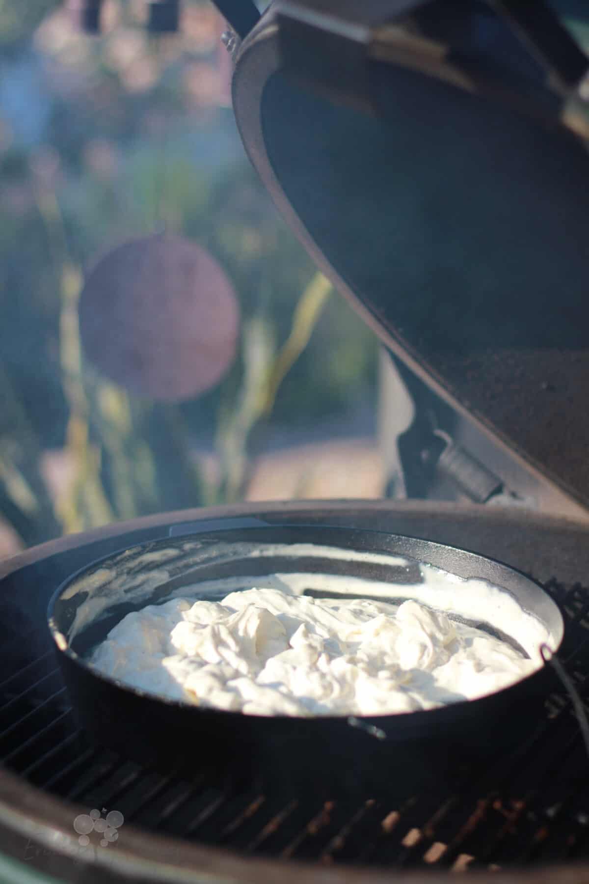 side view of open Big Green Egg grill, cast iron with dip on grill grate inside