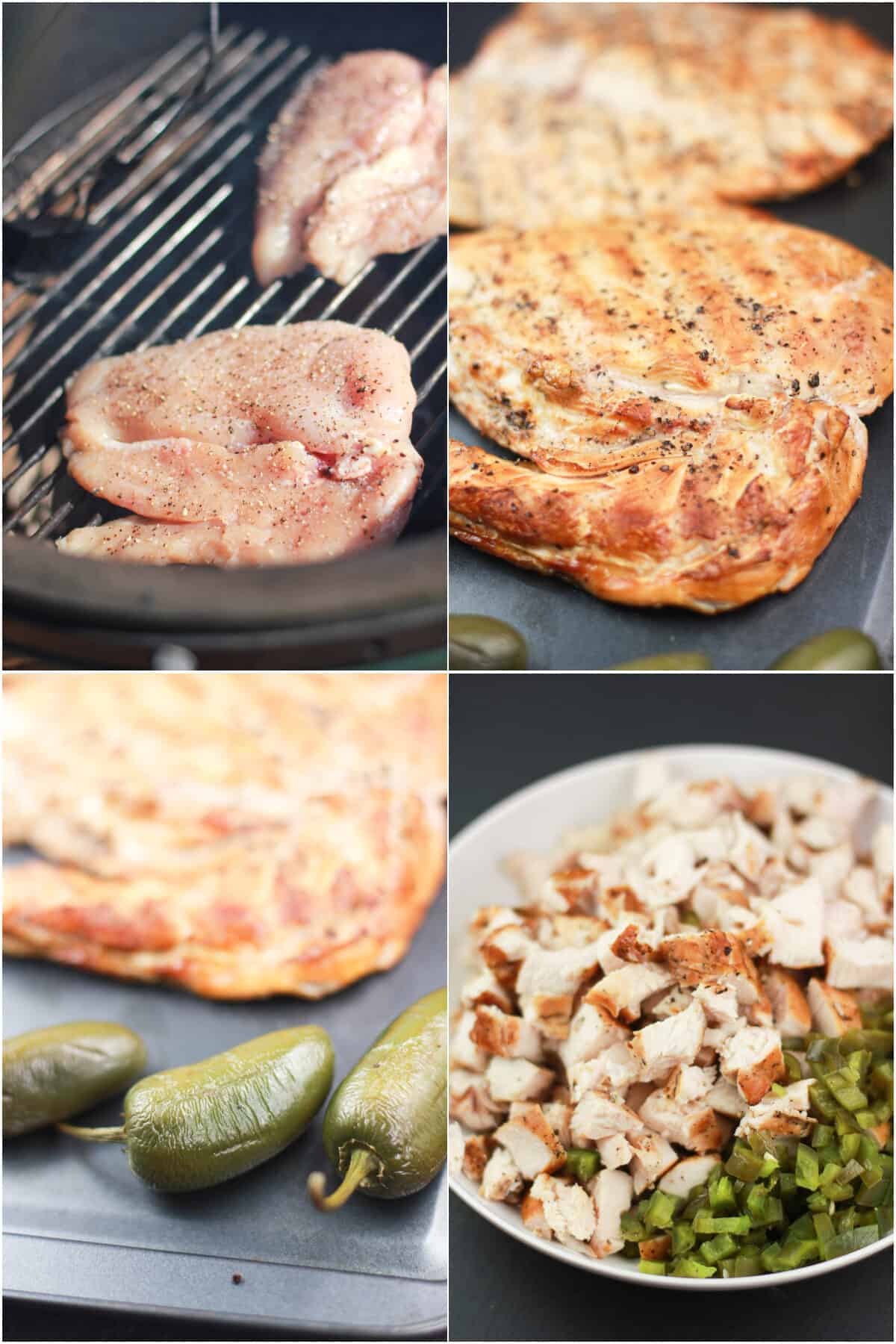 collage of 4 photos, clockwise: uncooked chicken on grill grate; cooked chicken on bake sheet; smoked jalapenos on bake sheet; chopped chicken and jalapeno in white bowl