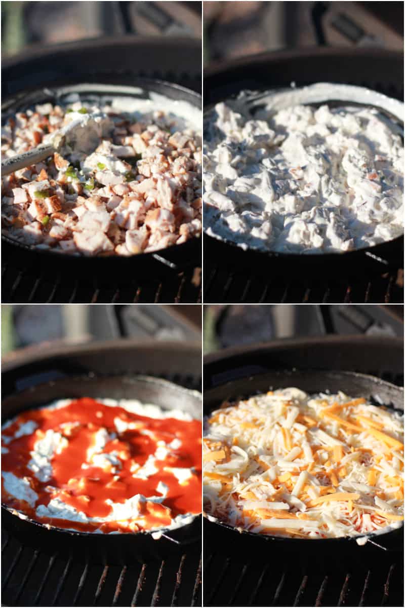 collage of 4 photos, clockwise: chicken and jalapeno added to cream cheese and ranch in cast iron skillet on grill grate; ingredients combined; Buffalo sauce drizzled over cream cheese-chicken mixture; shredded cheeses layered over ingredients in cast iron skillet on grill grate