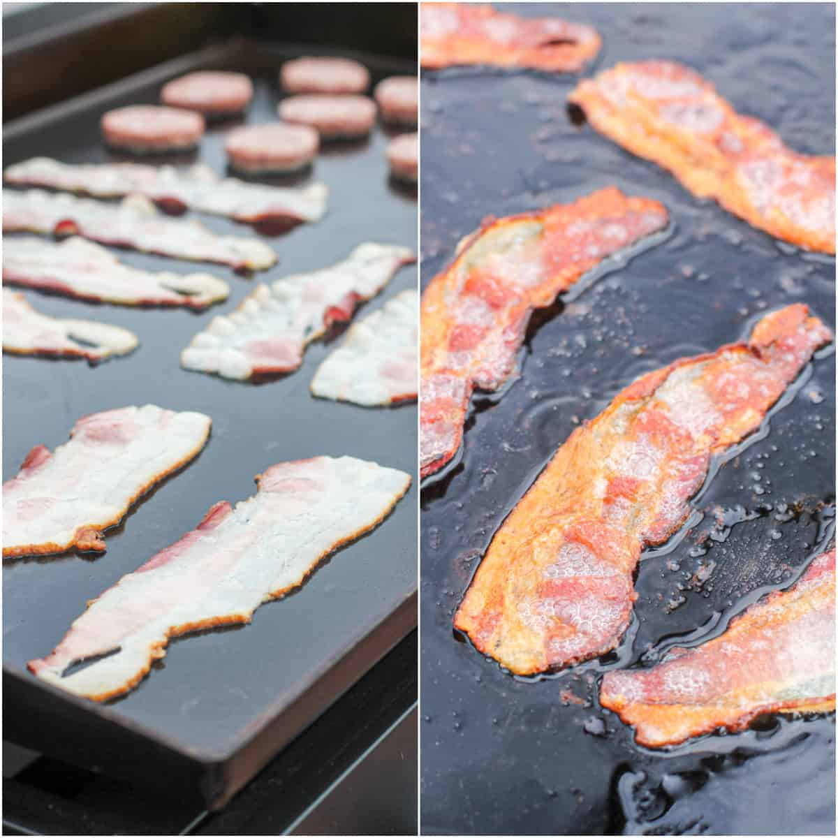 collage of 2 photos; left, raw bacon on griddle; right, cooked bacon on griddle
