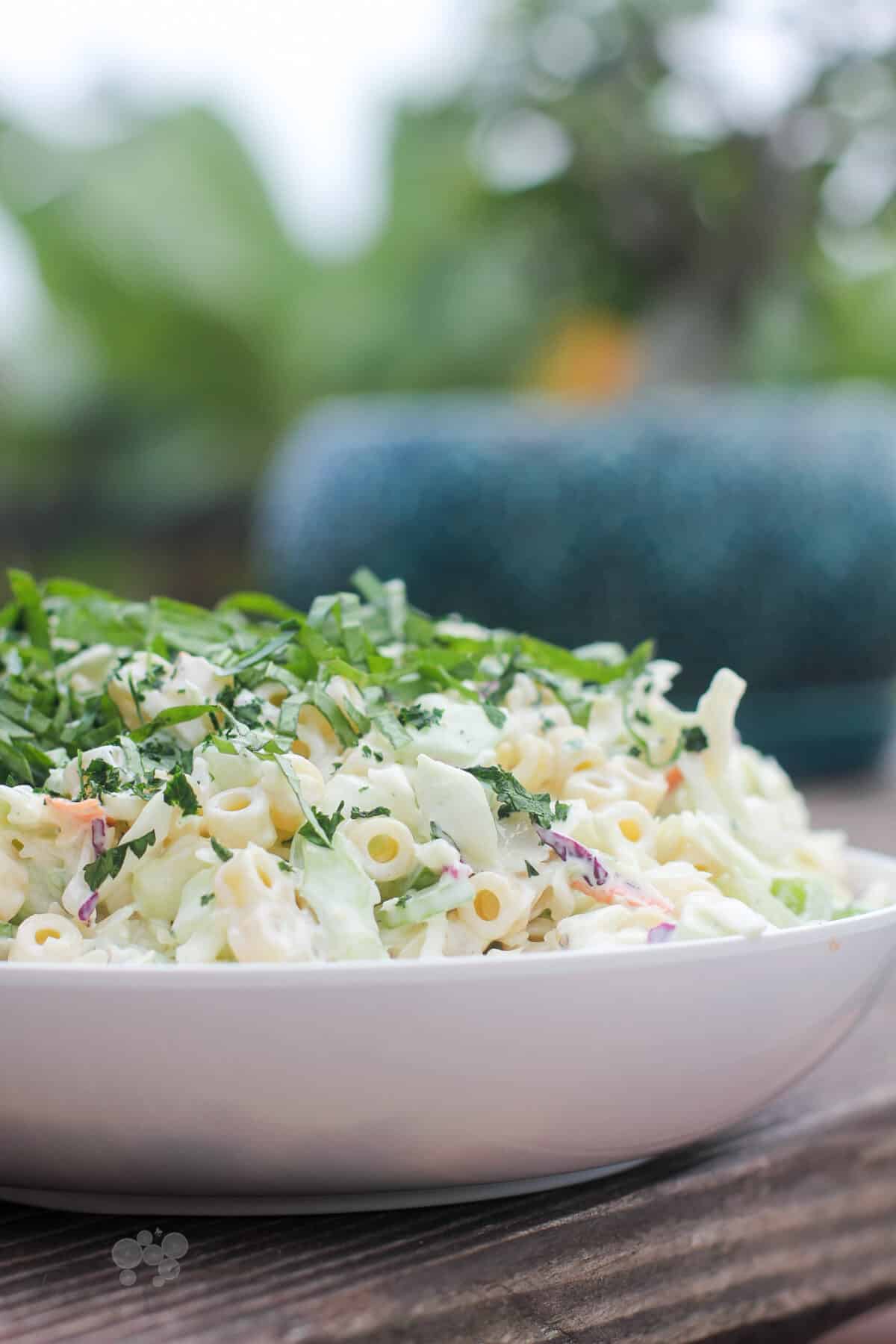 coleslaw pasta salad in white bowl, side view on wood table