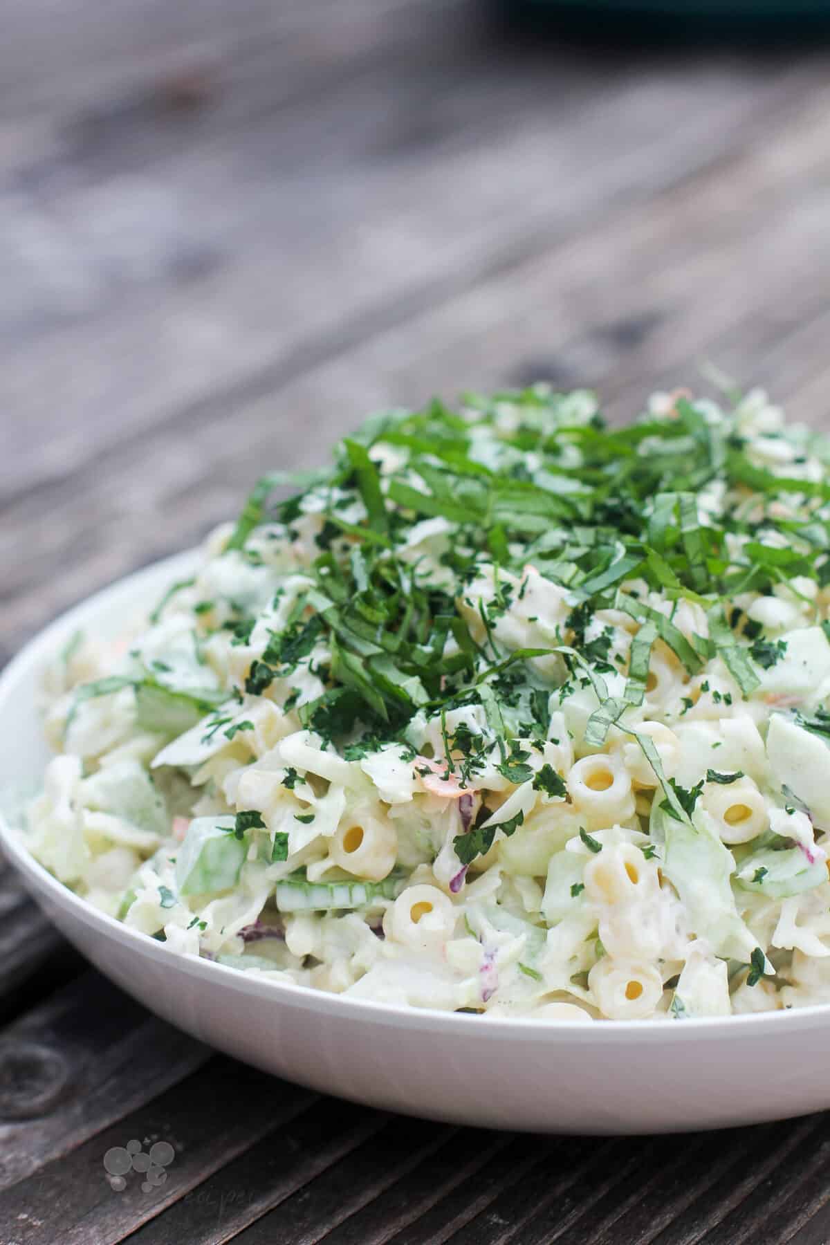 macaroni coleslaw salad in white bowl, angle view