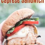 image for pinterest with text overlay recipe title grilled chicken caprese sandwich