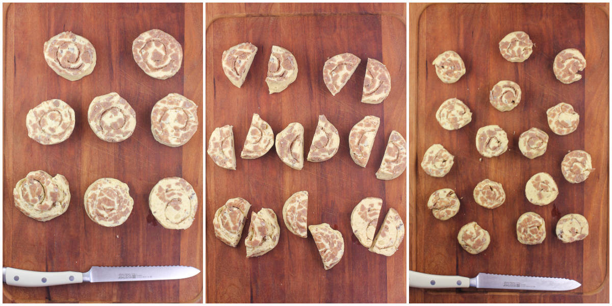 collage of 3 photos: dough from package; each dough piece cut in half; half piece of dough formed into new disk