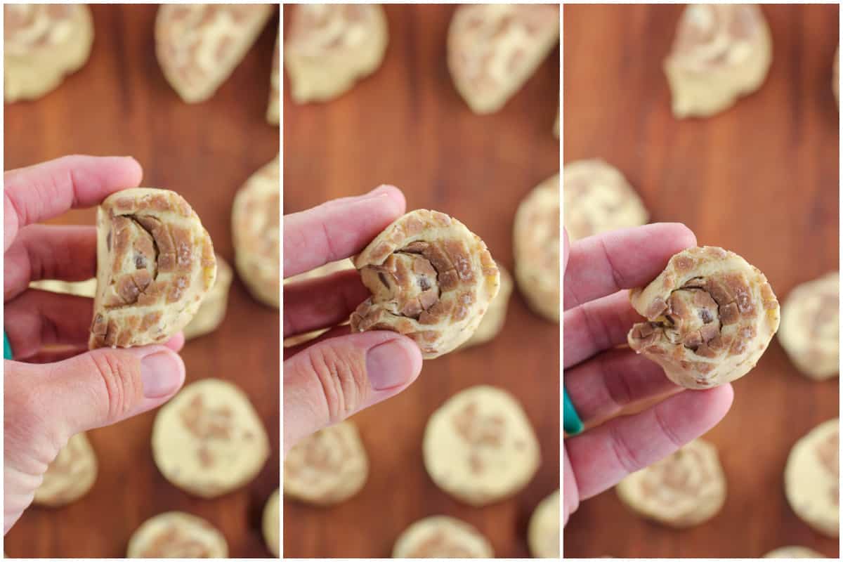 collage of 3 photos showing how to pinch cut dough half into a new dough disk