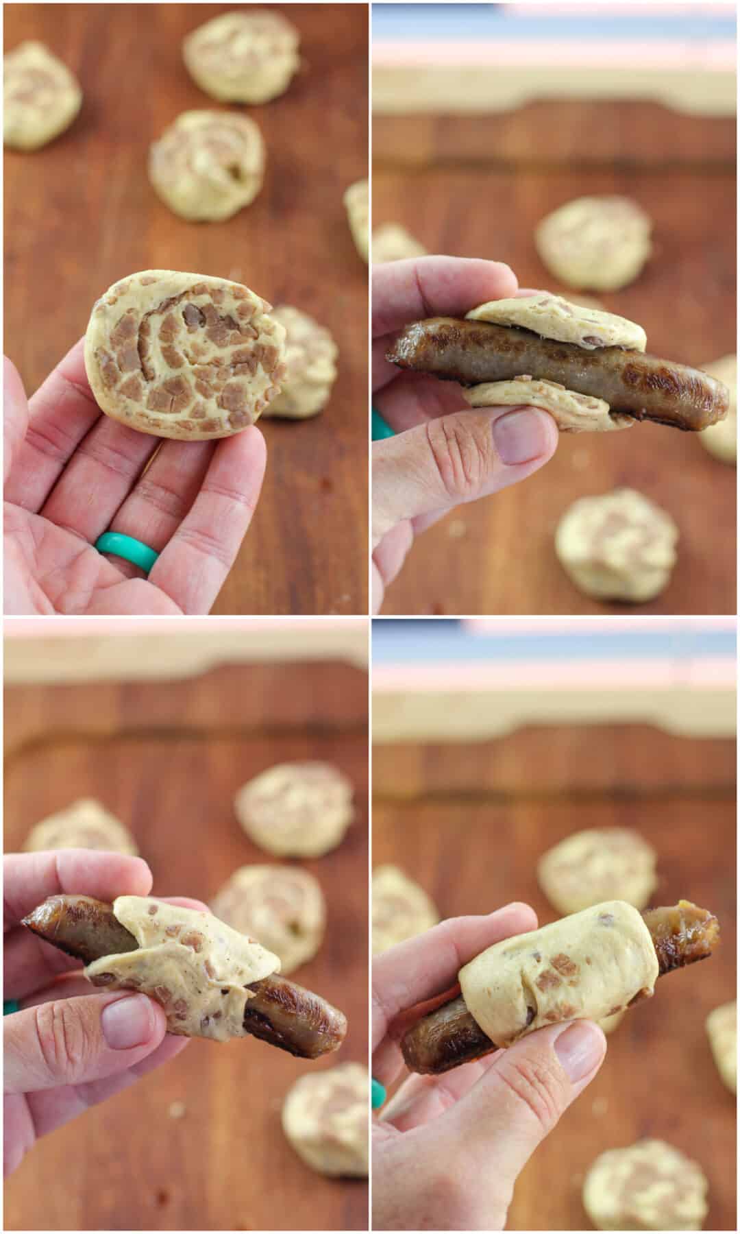 collage of 4 photos: upper left, disk of dough; right, dough wrapping around sausage; lower left, dough sealed around sausage; right, formed pig in a blanket before cooking