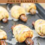 image for pinterest with text overlay recipe title cinnamon roll pigs in a blanket