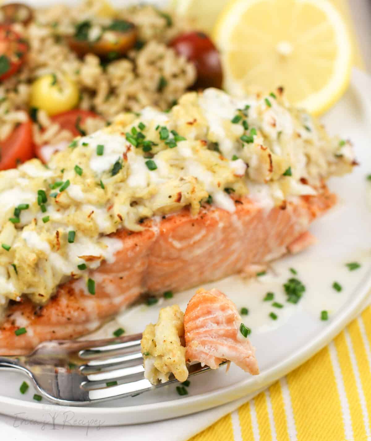 fork on white plate holding bite of salmon and stuffing next to large piece of salmon