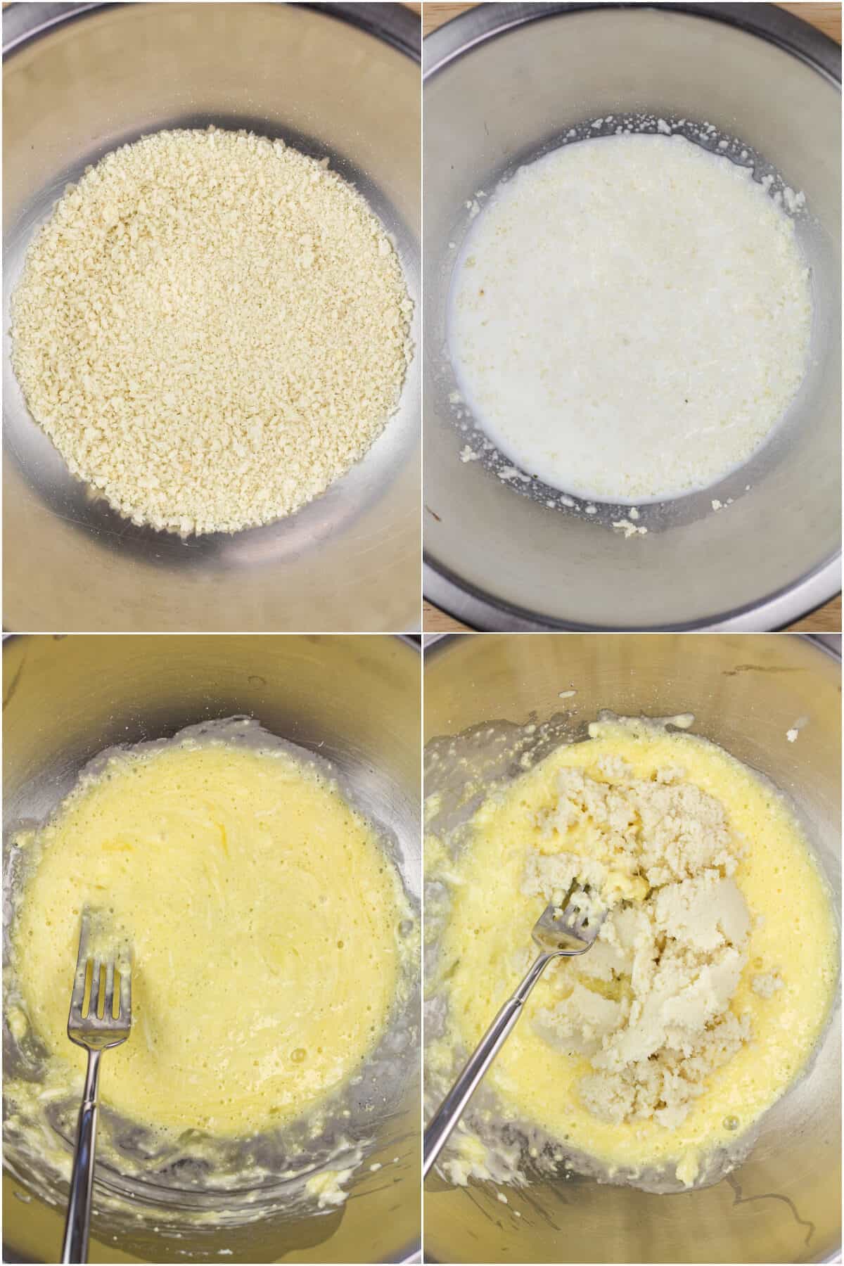 collage of 4 photos showing how to make the binder; panko in metal bowl; milk added to panko; egg mixture; panko added to egg mixture