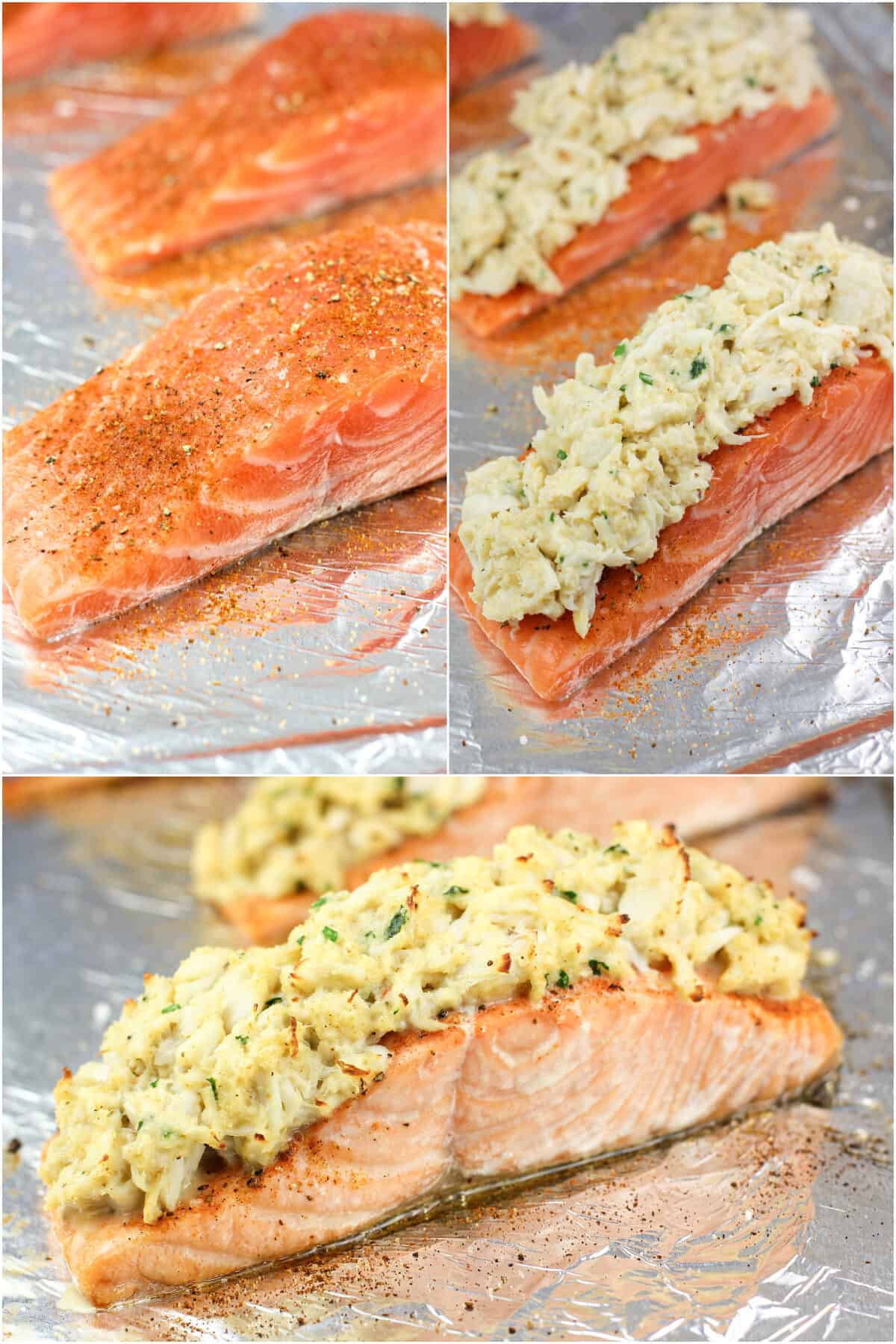 collage of 3 photos: uncooked seasoned salmon on bake sheet; salmon topped with stuffing; cooked stuffed salmon