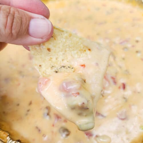 hand holding tortilla chip with smoked queso dip