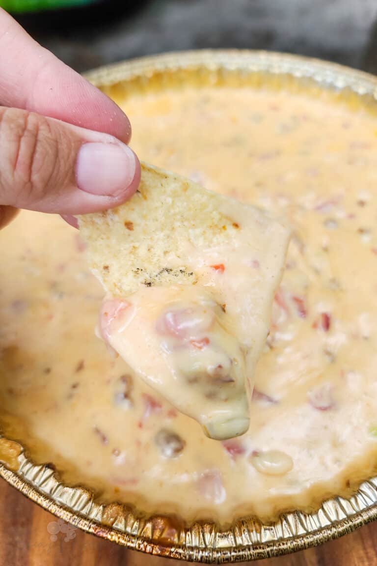 hand holding tortilla chip with smoked queso dip