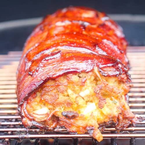 bacon wrapped smoked fatty, close view
