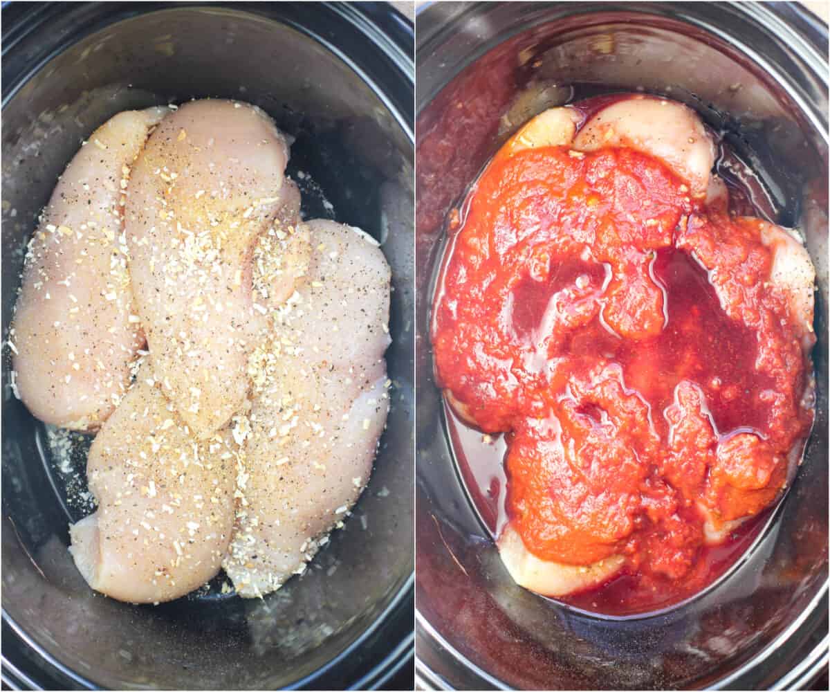 collage of 2 photos: left, chicken breasts in slow cooker; right, chicken breasts in slow cooker topped with marinara and red wine
