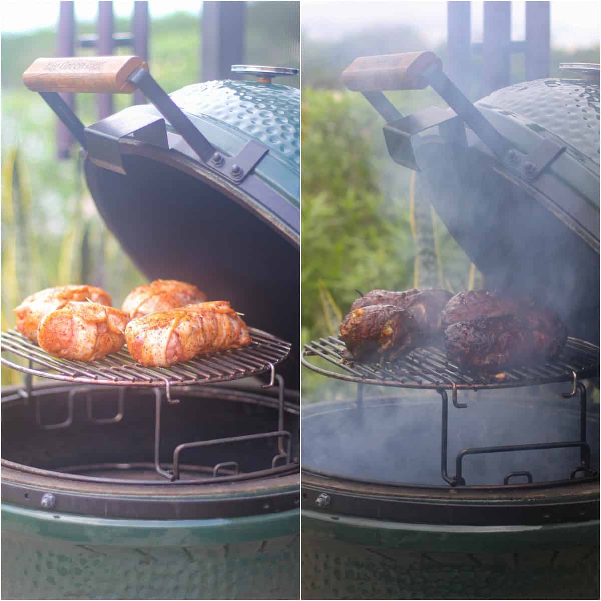 collage of 2 photos, before and after, chicken bombs on grill