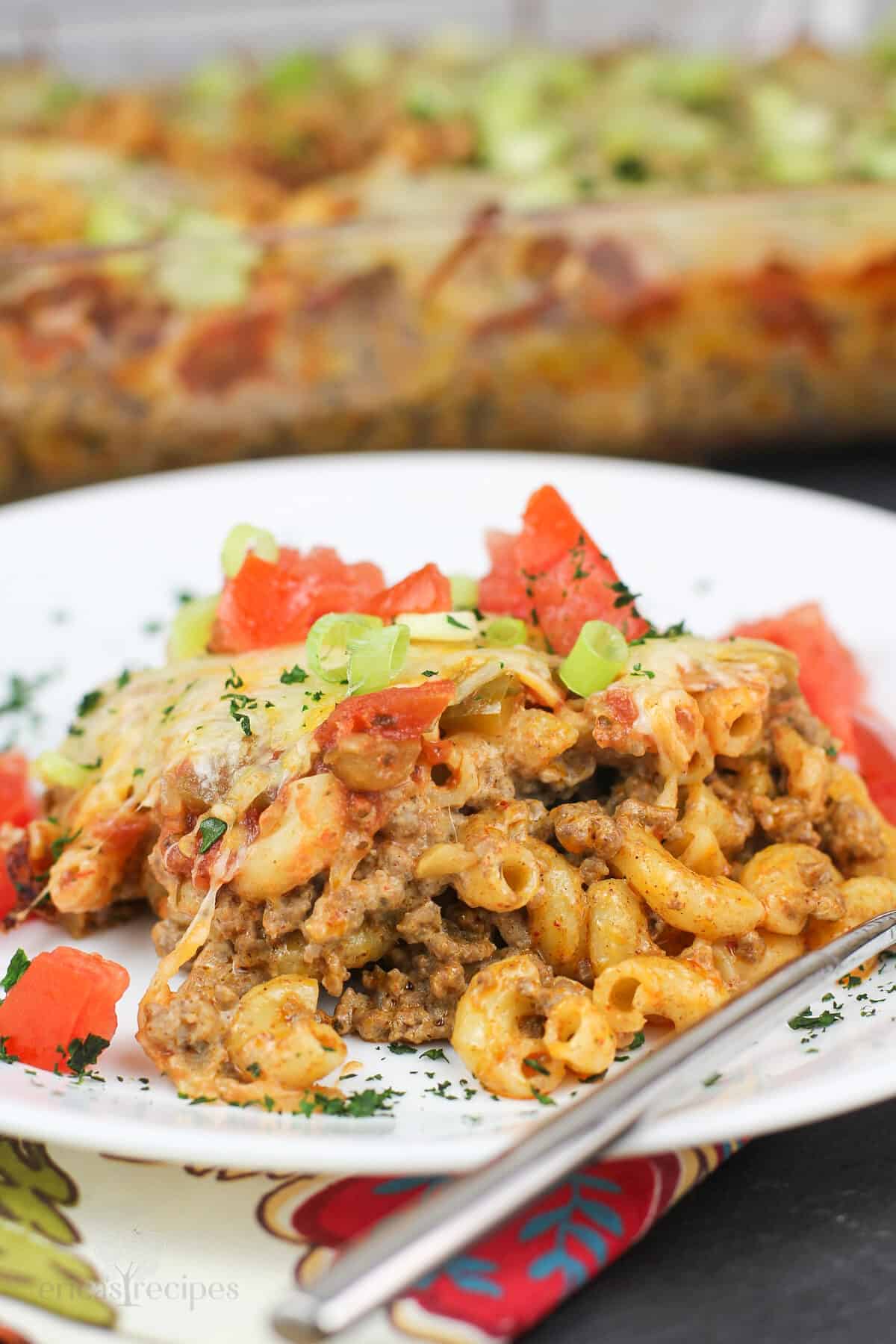 serving of taco bake on white dish