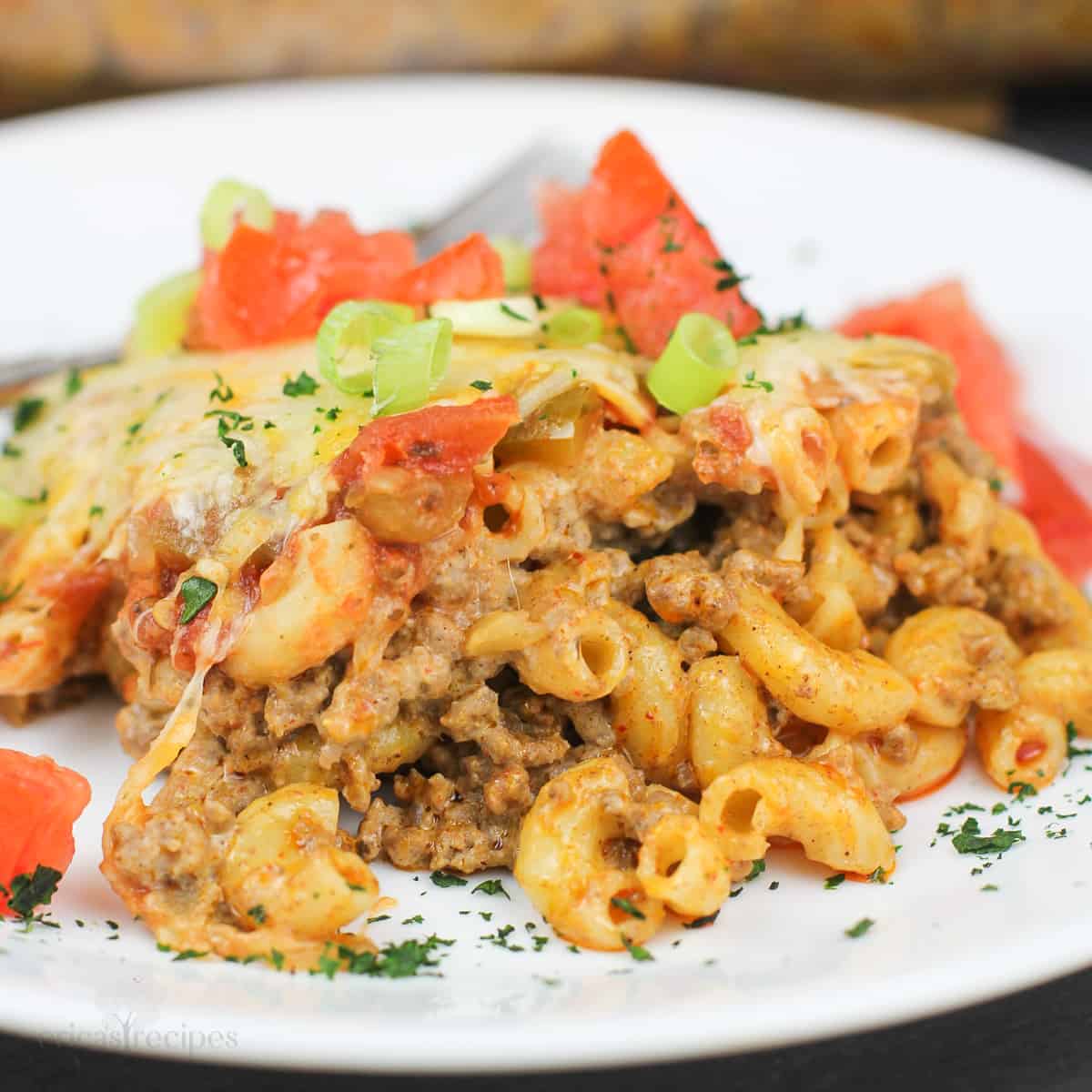 taco macaroni and beef on white plate