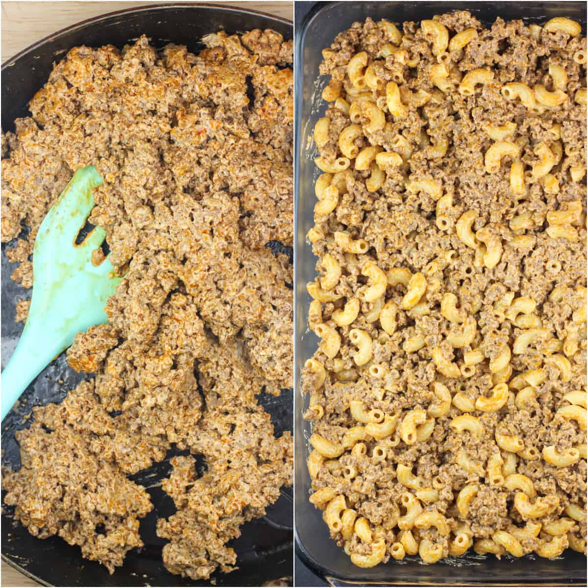 collage of 2 photos: left, beff-cream cheese mixture in skillet; right, beef and macaroni layer in back dish