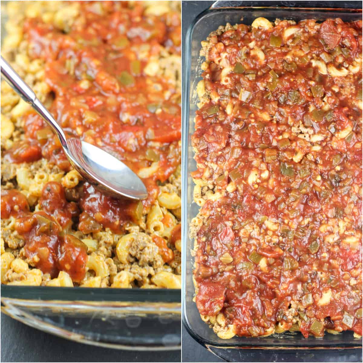 collage of 2 photos: left, spoon spreading salsa on macaroni-beef; right; salsa topped casserole