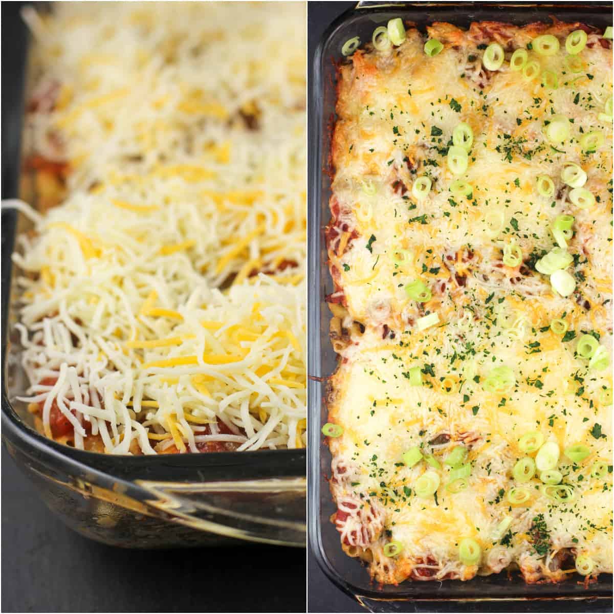 collage of 2 photos: left, cheese topped casserole; right, cooked casserole