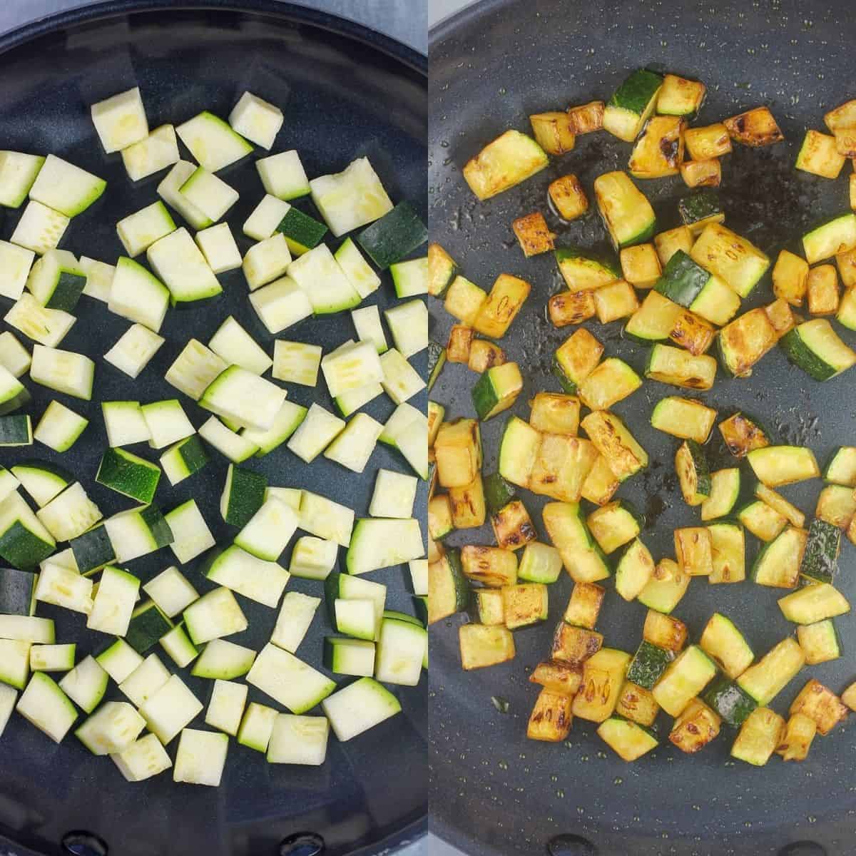 collage of 2 photos with zucchini in skillet: left, raw; right, cooked and browned