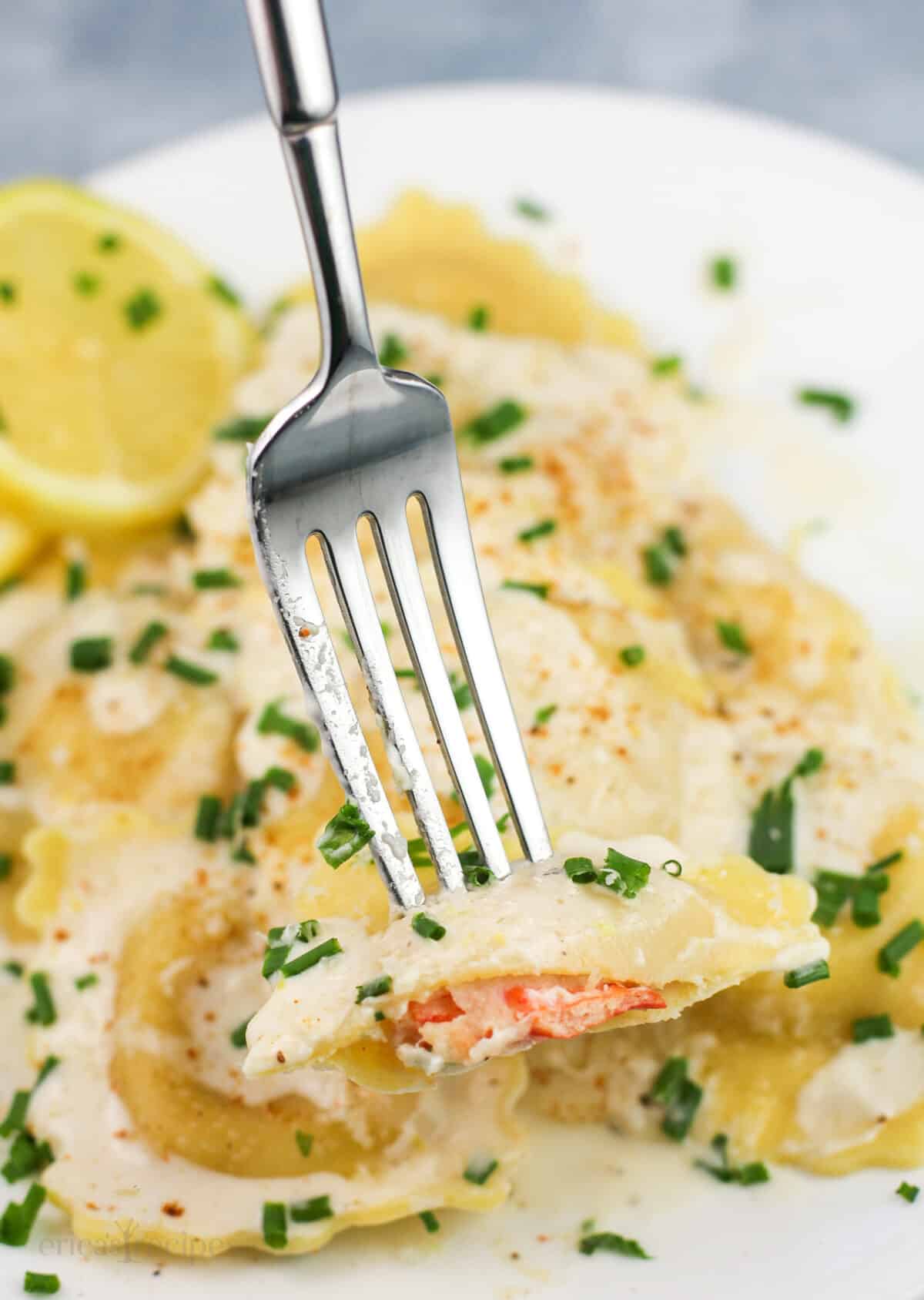 fork holding piece of lobster ravioli
