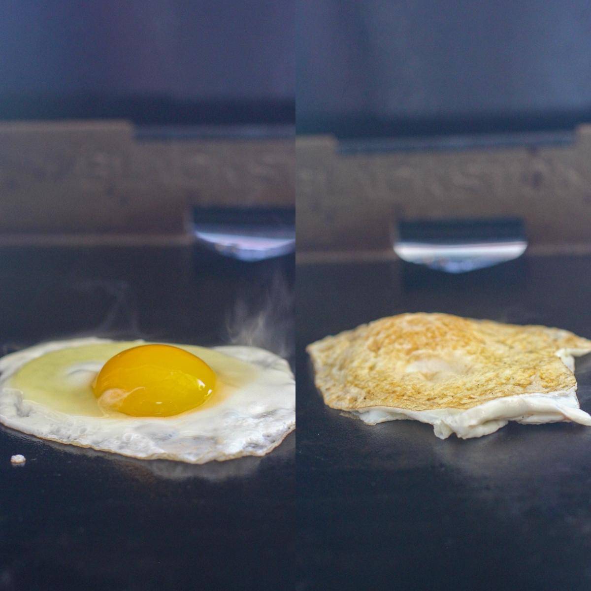 collage of 2 photos on griddle: left, sunny-side up egg; right, over-easy egg