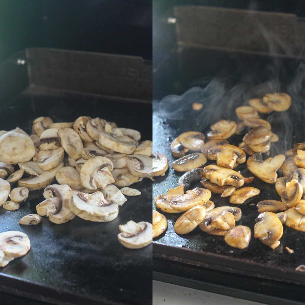 collage of 2 photos showing raw and cooked mushrooms