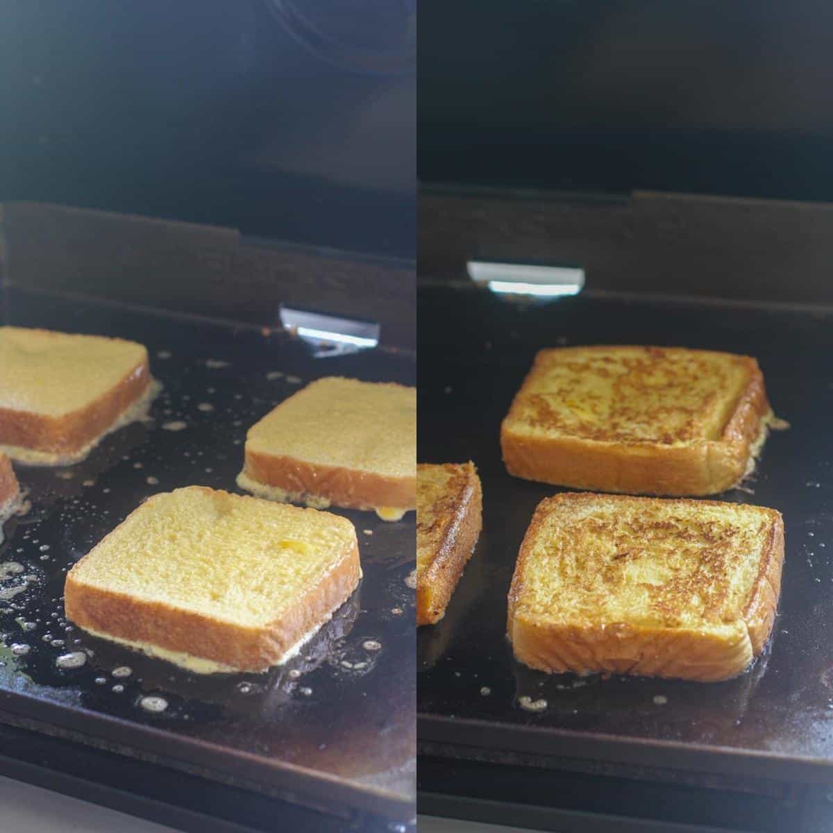 collage of 2 photos: left, uncooked French toast on Blackstone griddle surface; right, cooked French toast on griddle