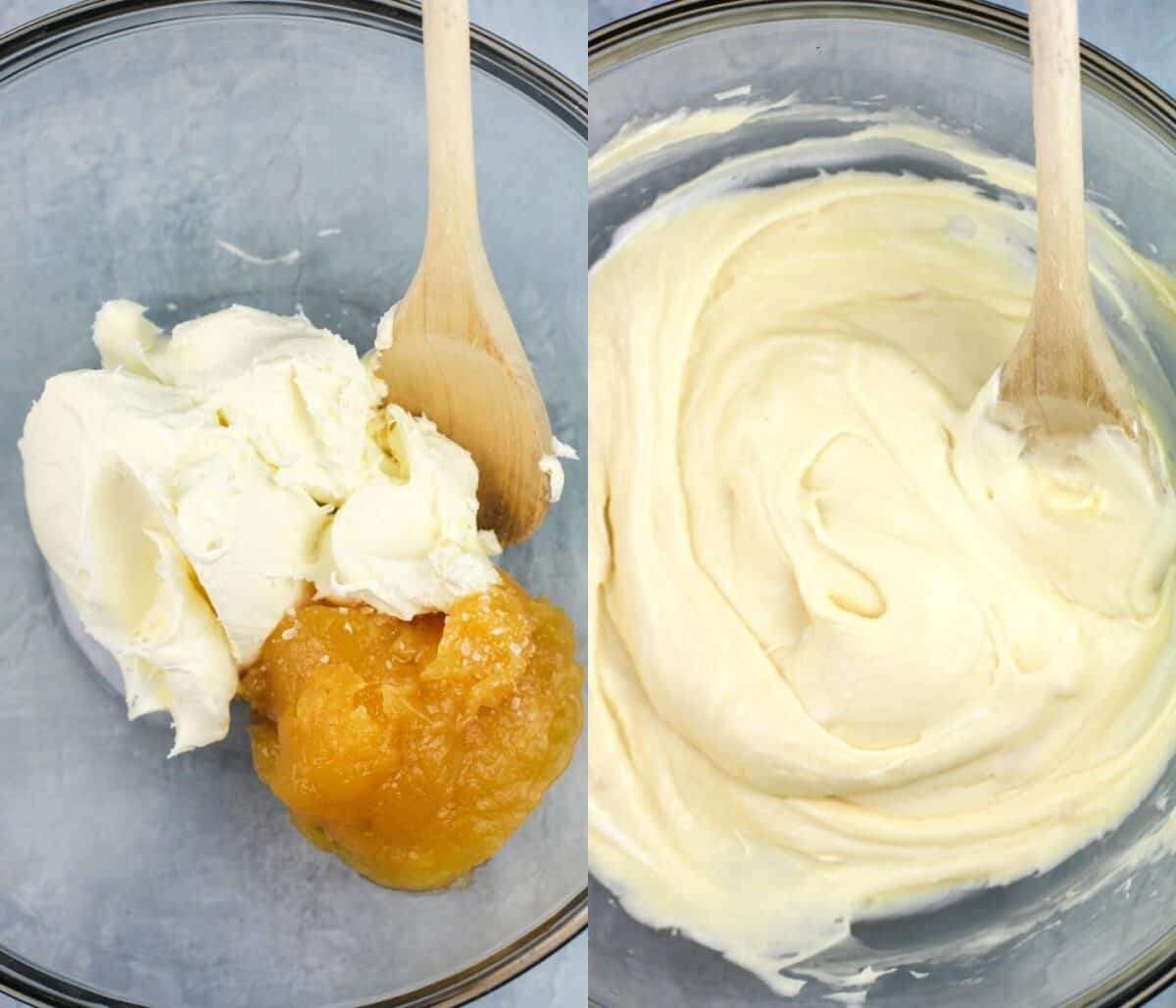 collage of 2 photos: left, mascarpone and lemon curd in mixing bowl; right, the two ingredients combined