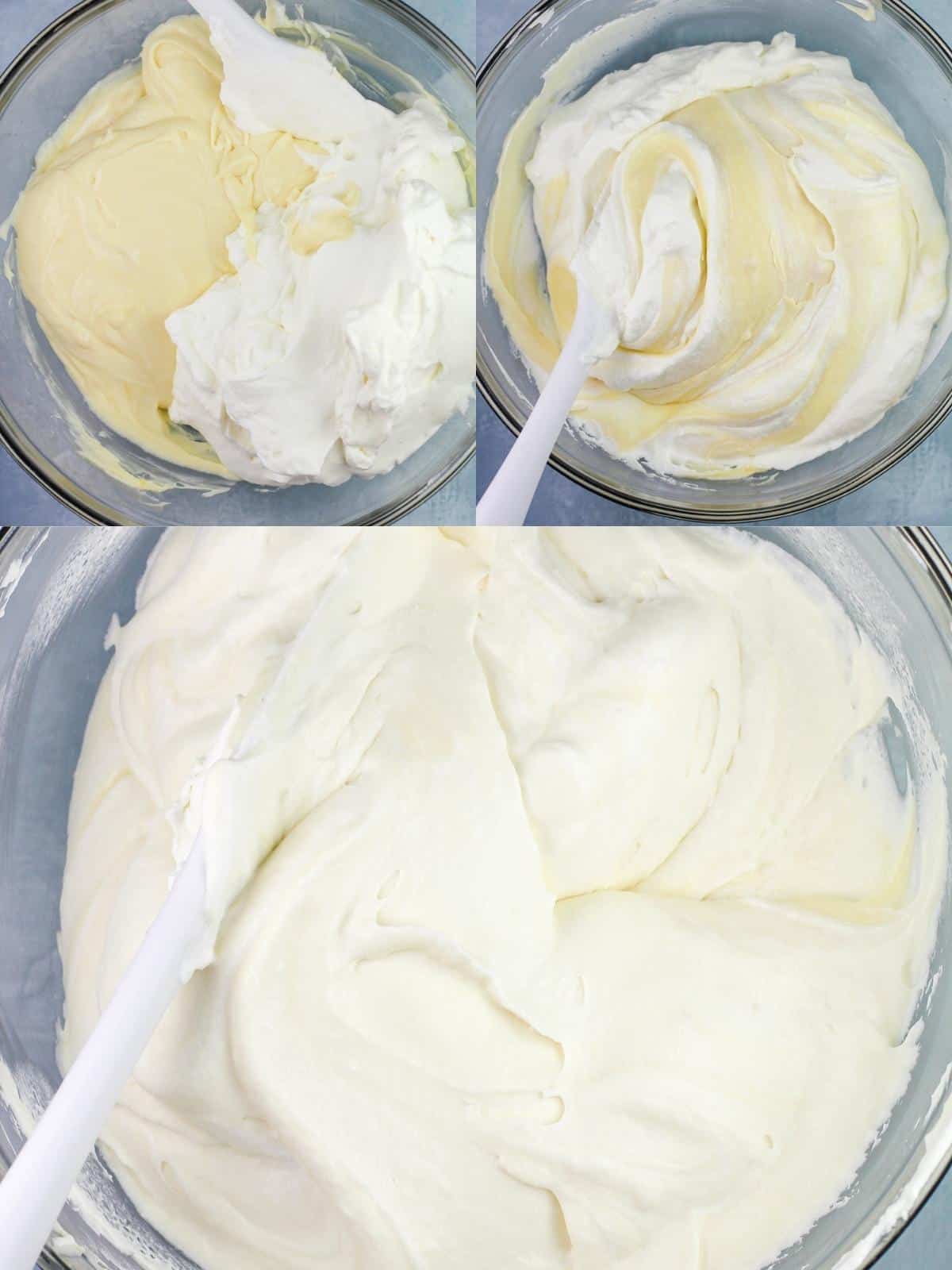collage of 3 photos: top left, marscapone and whipped cream in mixing bowl; top right, folding the mixtures together with a rubber spatula; bottom, the finished lemon mascarpone