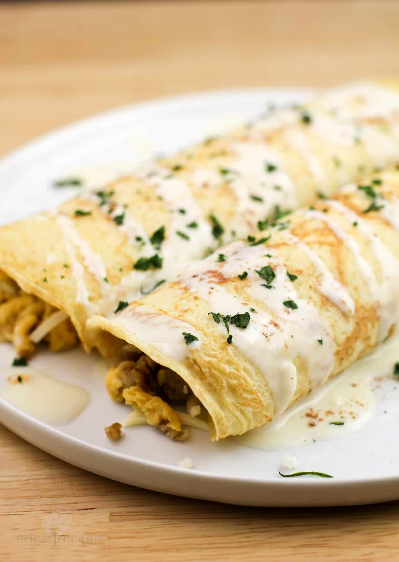 Sausage Crepes with Maple Béchamel Sauce Erica's Recipes