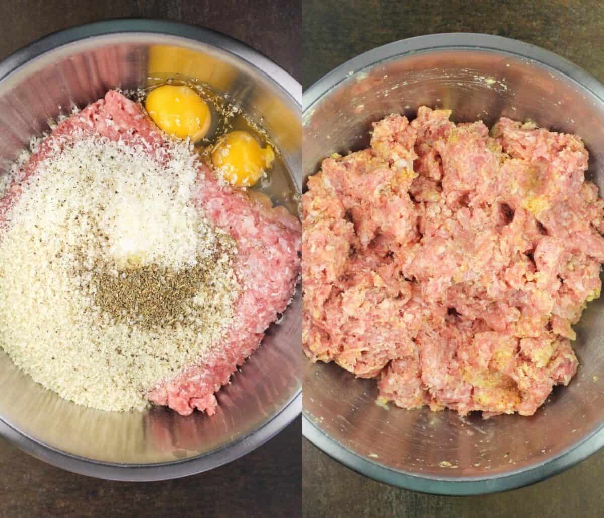 collage of 2 photos: left, meatball ingredients in metal bowl; right, meatball ingredients ocmbined in metal bowl