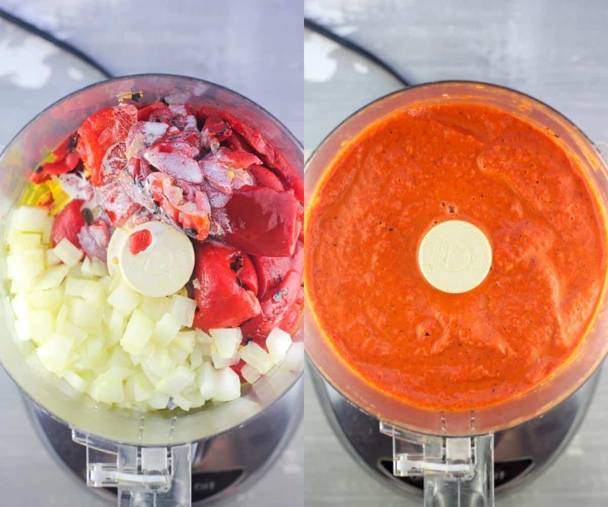 collage of 2 photos with coulis ingredients in food processor: left, before processing; right, after processing