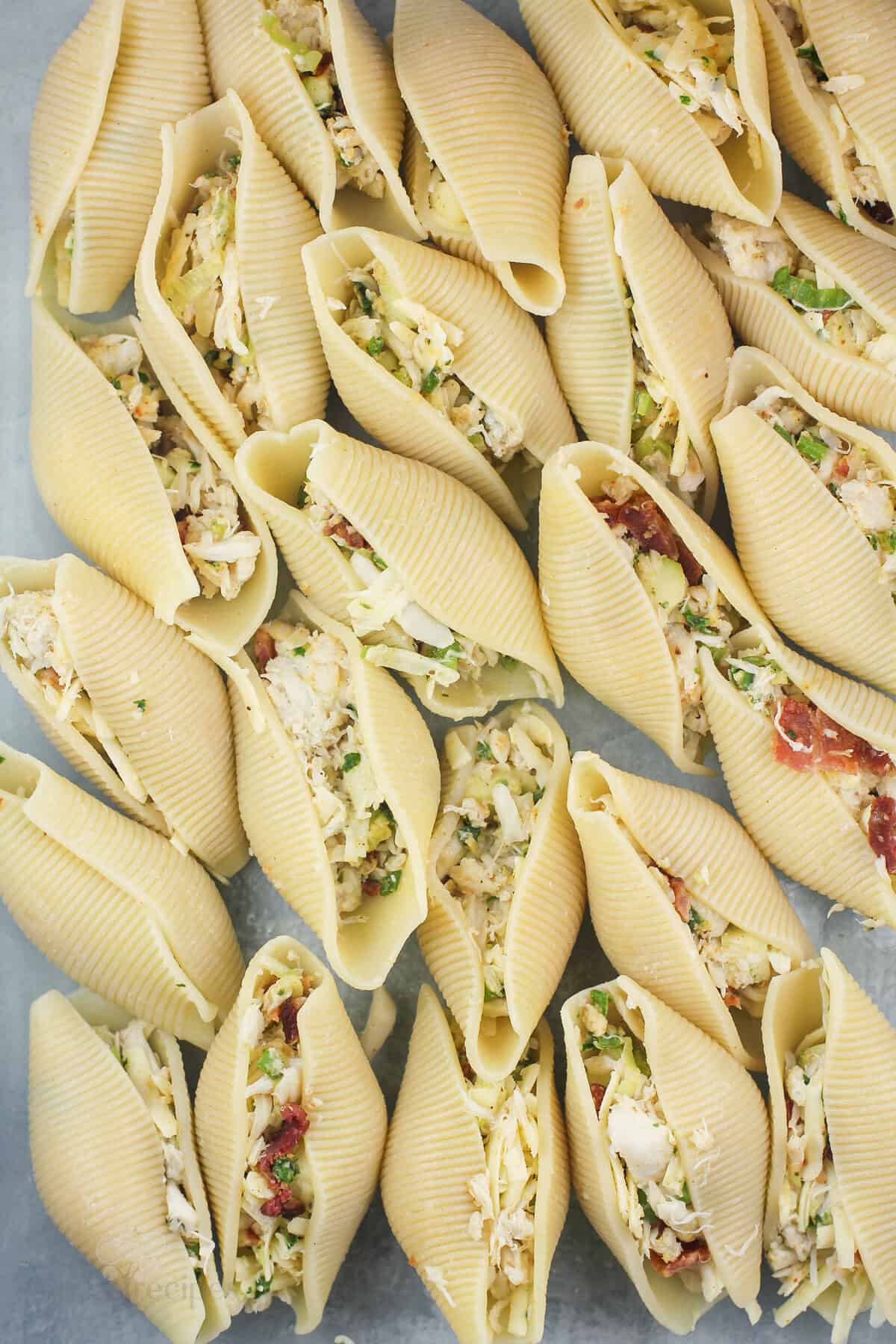 stuffed pasta shells in glass bake dish