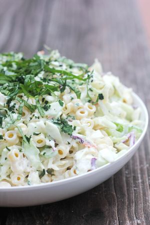pasta salad in white bowl